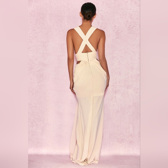 House of CB 'Majolica' Cream Cross Back Drape Maxi Dress /Size L-US 8-10 - Picture 2 of 5